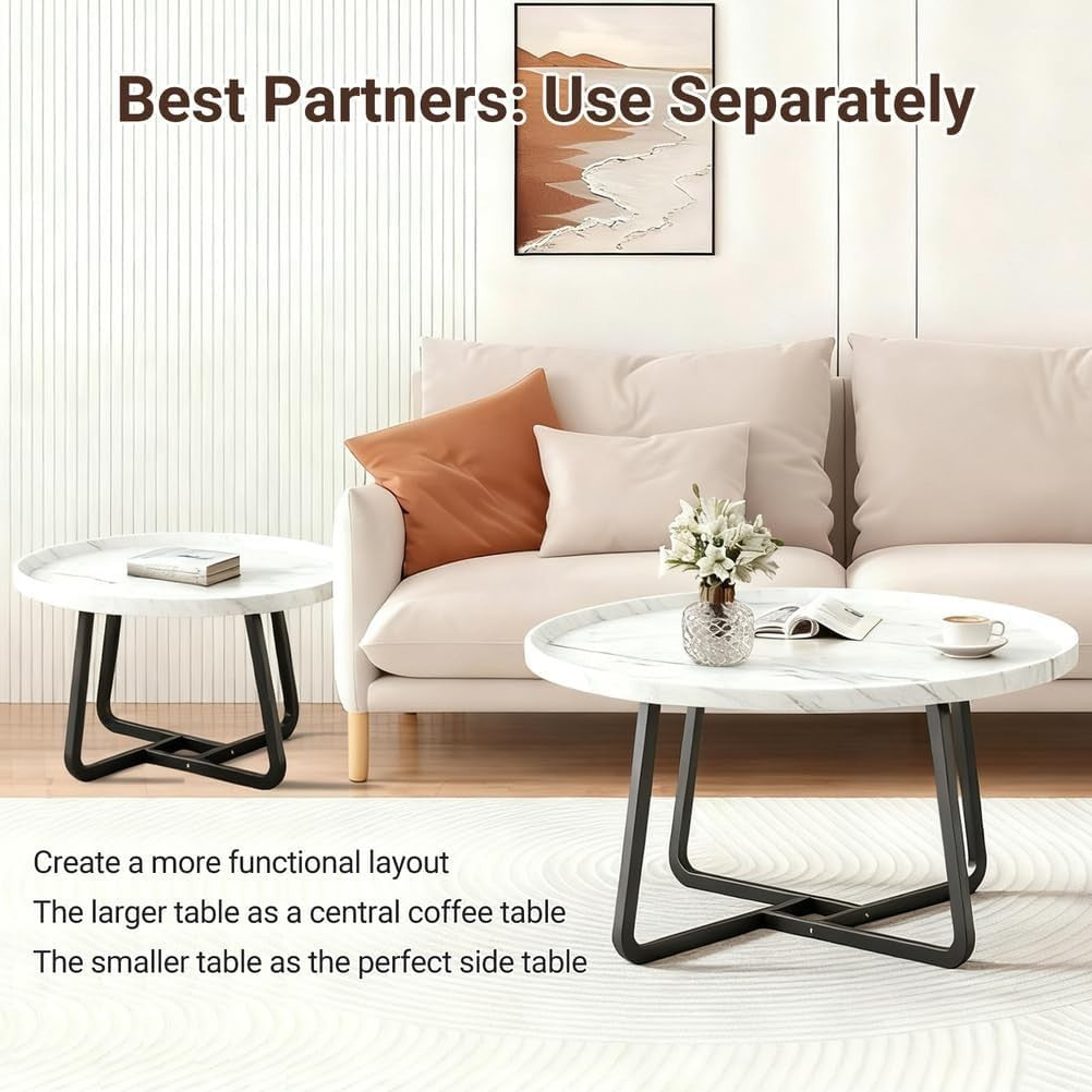 Square Coffee Table Set of 2 White Nesting Side Tables Carbon Steel Frame