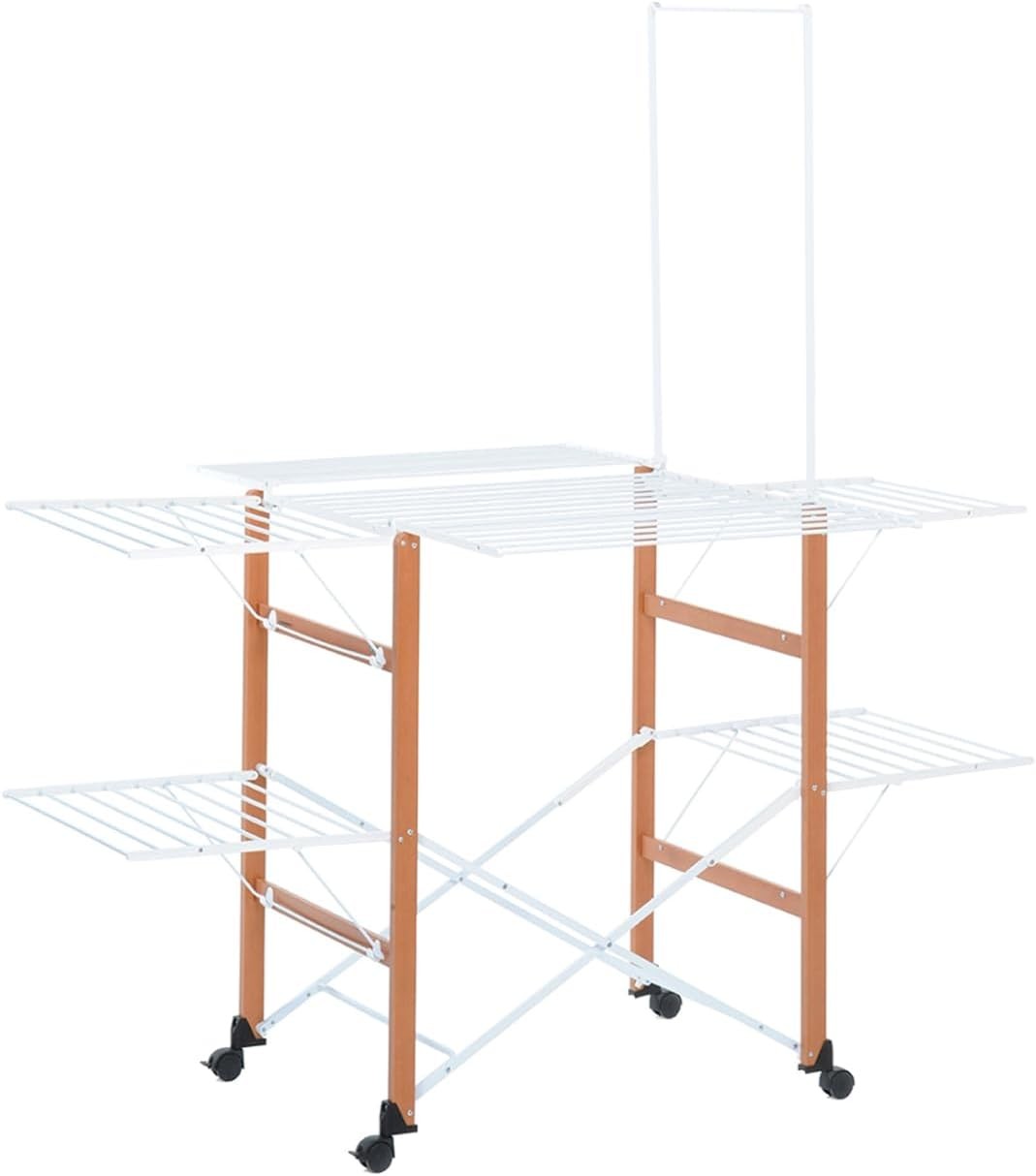 Large Solid Wood Clothes Airer 3 Tier Folding Drying Rack With Wheels