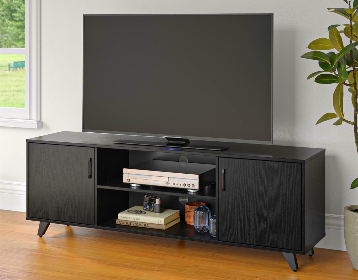 TV Stand Cabinet for 70" TV, Modern Black Unit with Storage & Shelves