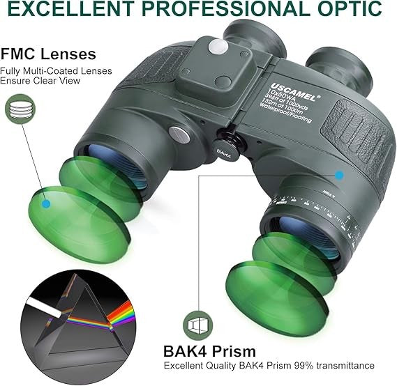 10x50 Marine Waterproof Binoculars with Compass & Rangefinder for Boating