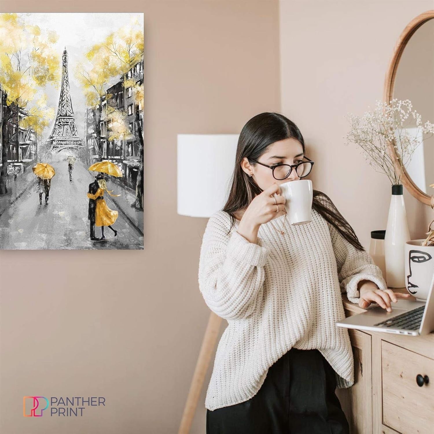Paris Yellow Umbrella Canvas Wall Art 18x12 Framed Print