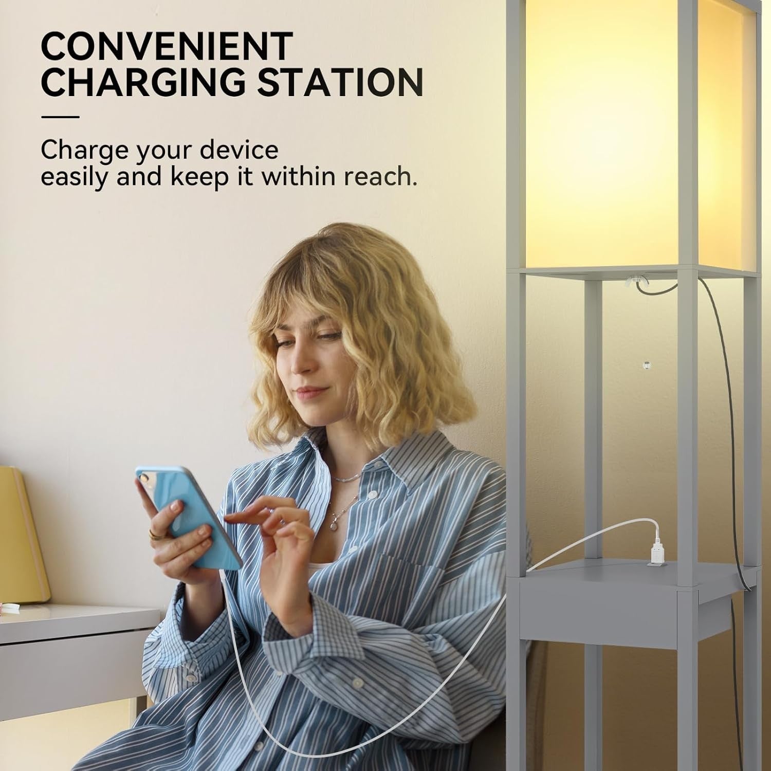 Floor Lamp with Shelves Storage LED Light USB Charging Drawer Modern Grey