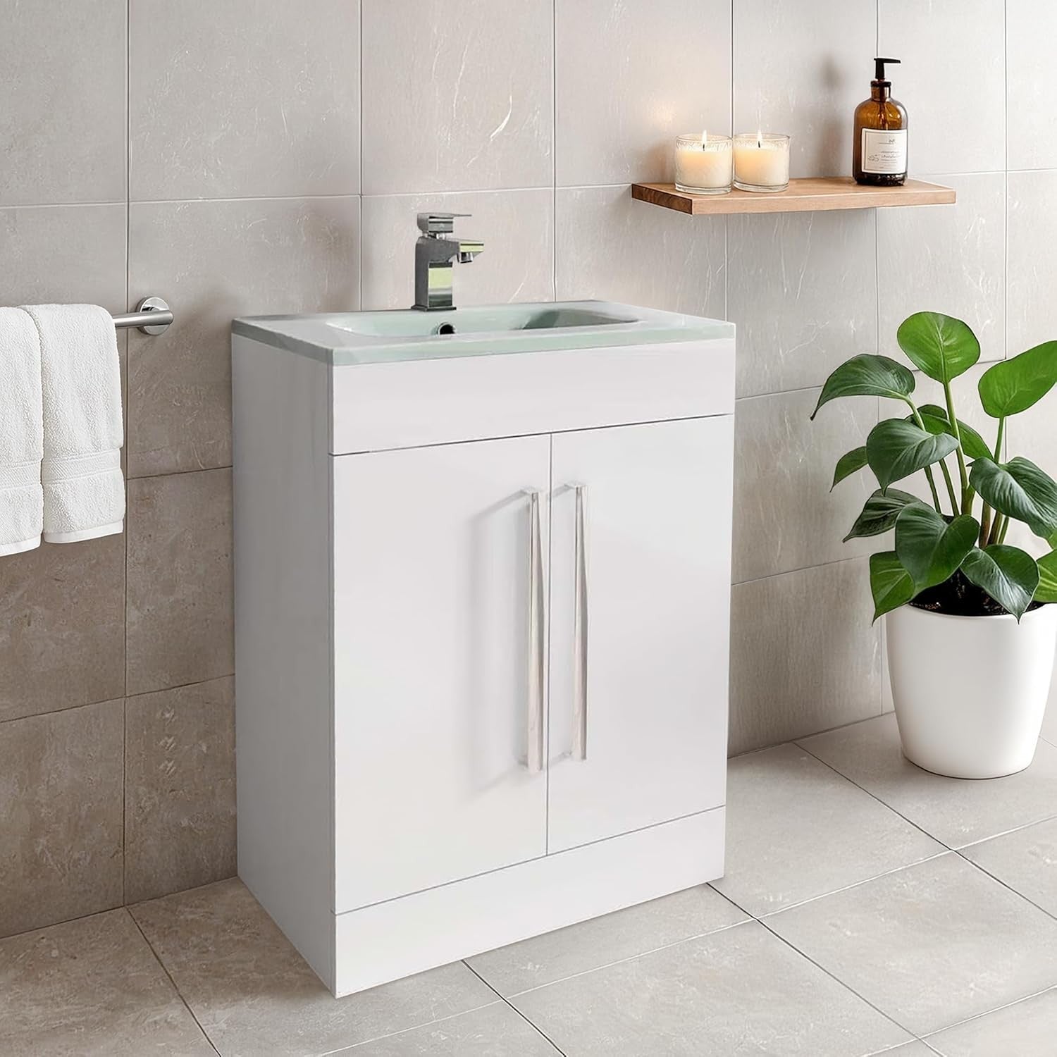 600mm White Bathroom Vanity Unit with Basin Gloss Floor Standing Cabinet