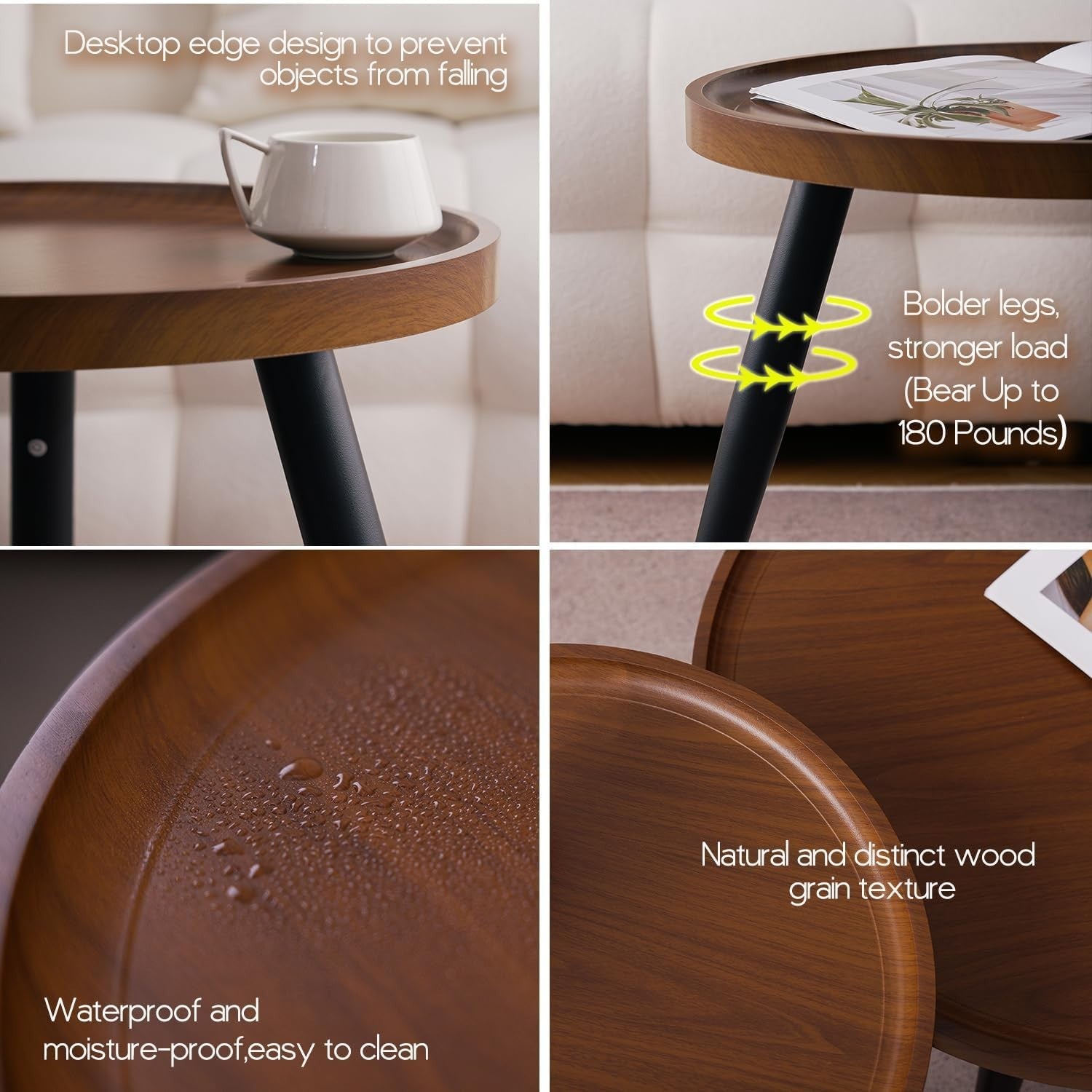 Walnut Nesting Coffee Table Set of 2 Modern Round Side End Tables 178lbs Load