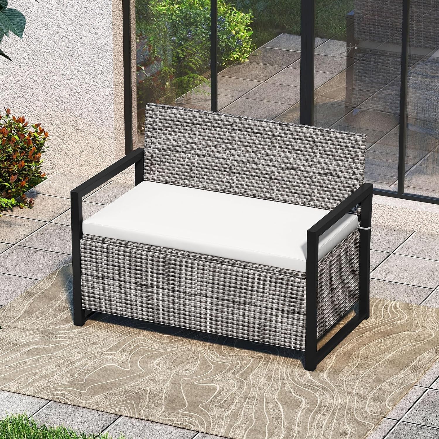 Outdoor 2-Seater PE Rattan Storage Bench with 150L Box & Padded Cushion, Gray