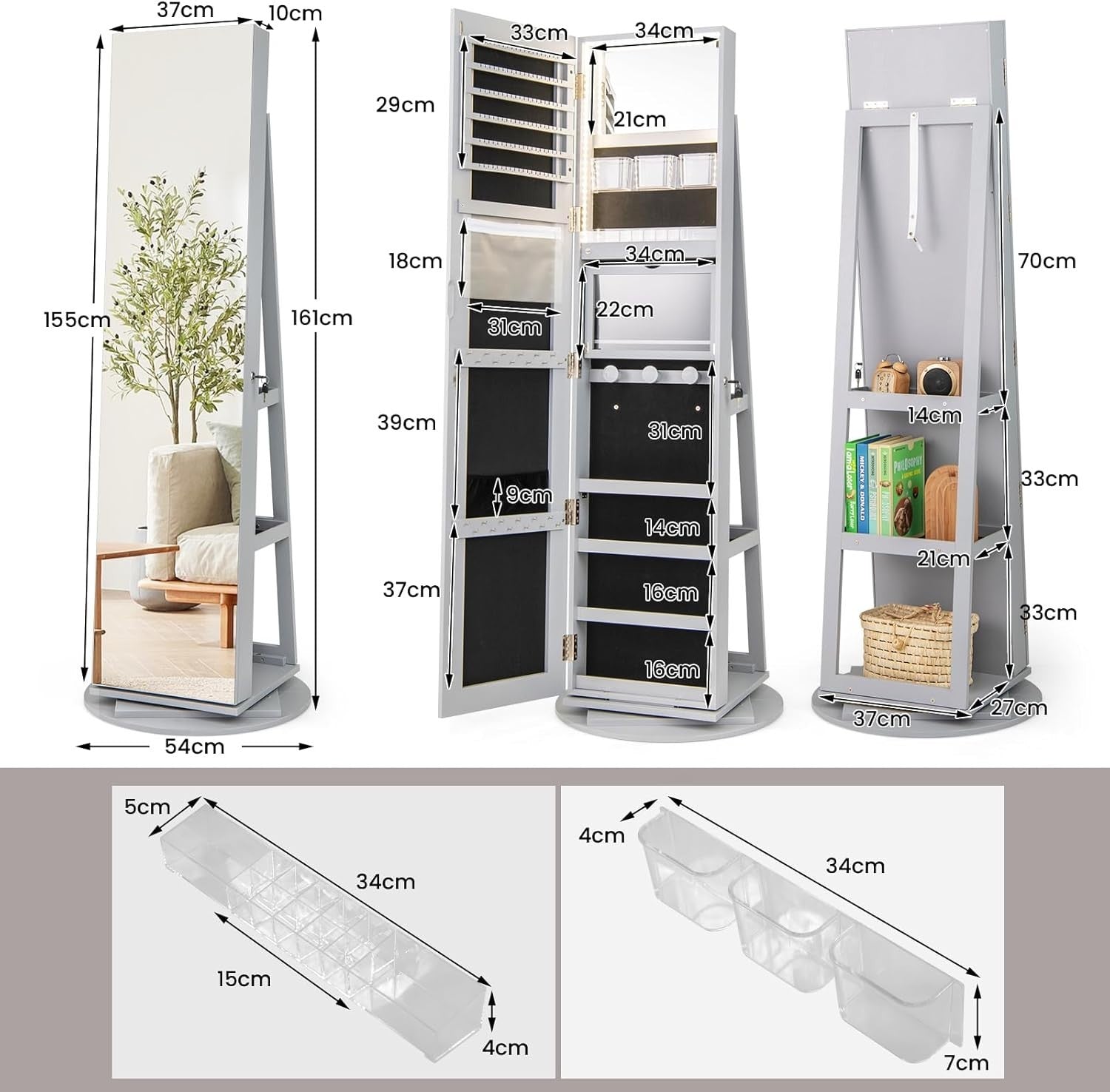 Grey 360° Swivel LED Jewelry Cabinet Mirror Lockable 3-Color Storage