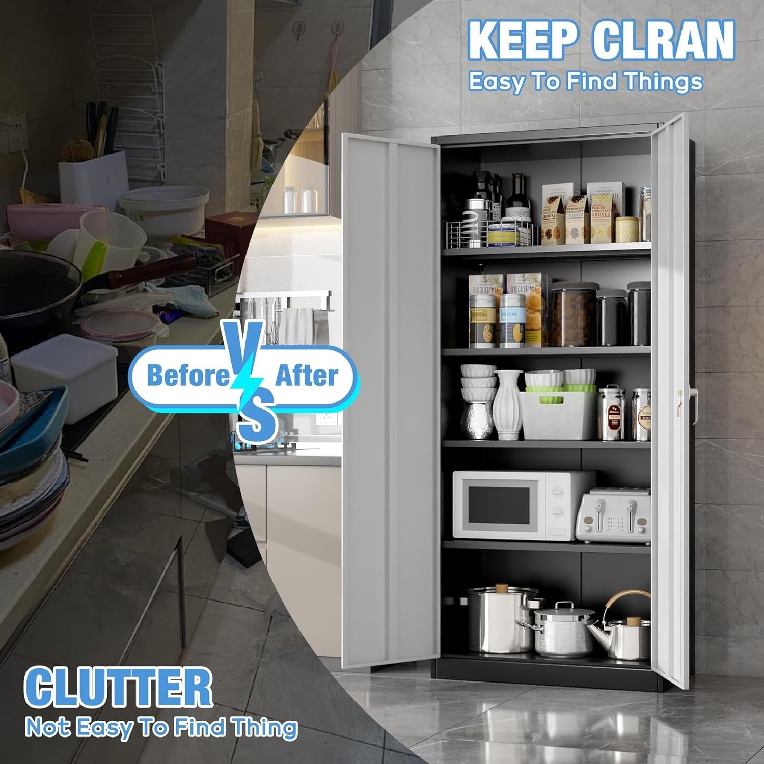 Tall Metal Storage Cabinet 180cm Lockable Cupboard with 4 Adjustable Shelves
