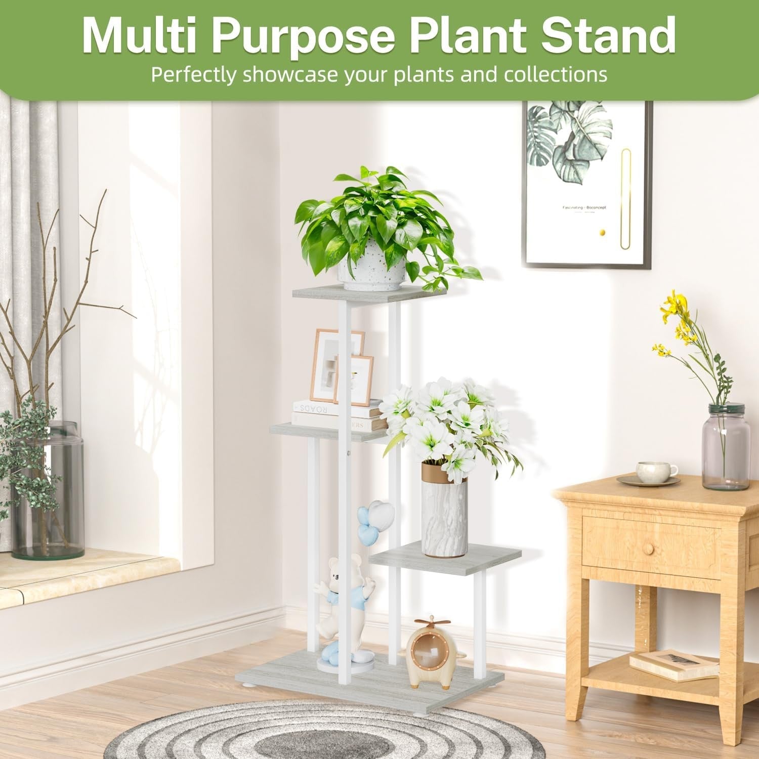 4 Tier White Metal & Wood Plant Stand | Modern Indoor Corner Shelf Display Rack