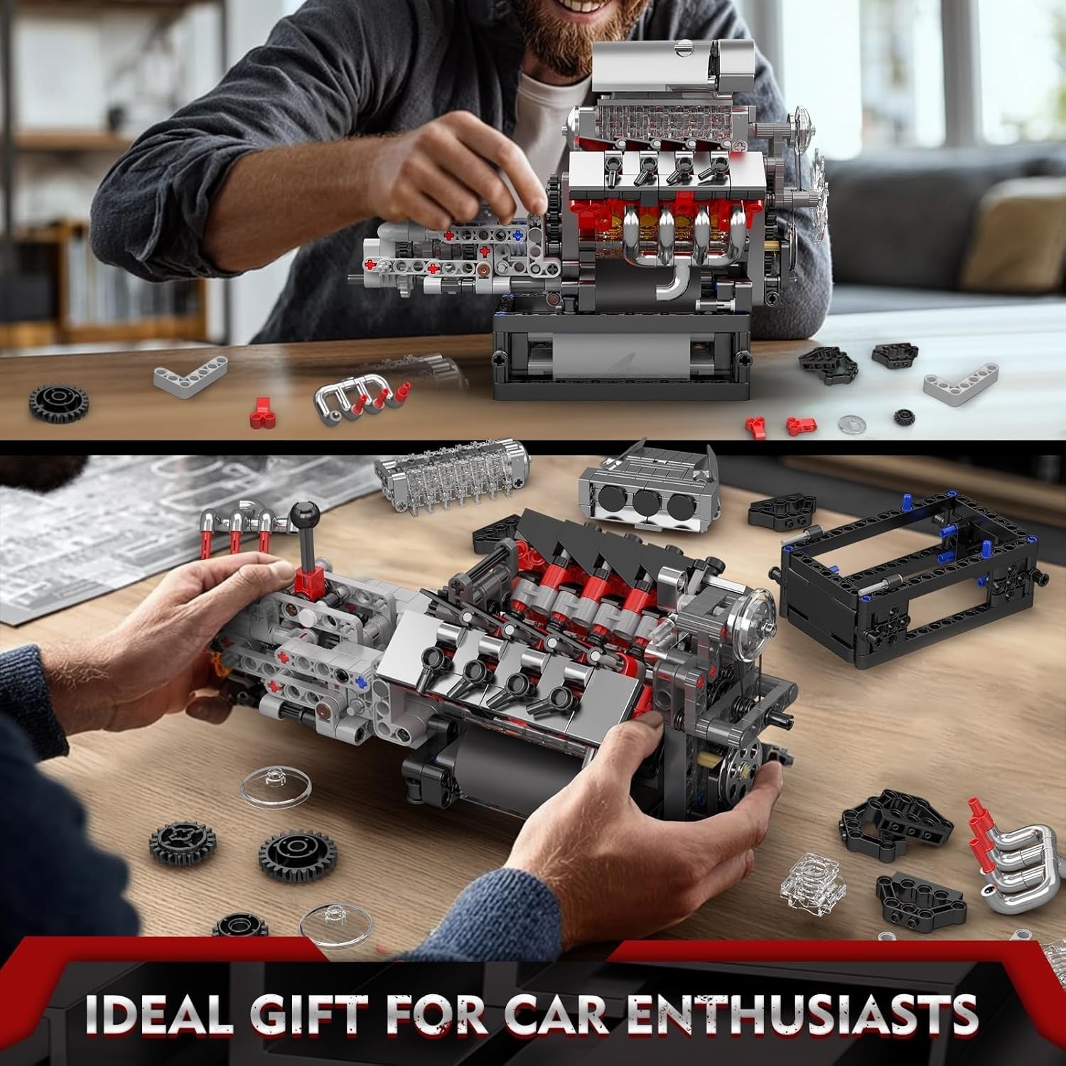 Buildable V8 Engine Toy Kit Motorized STEM Model Real Motion 855pcs DIY