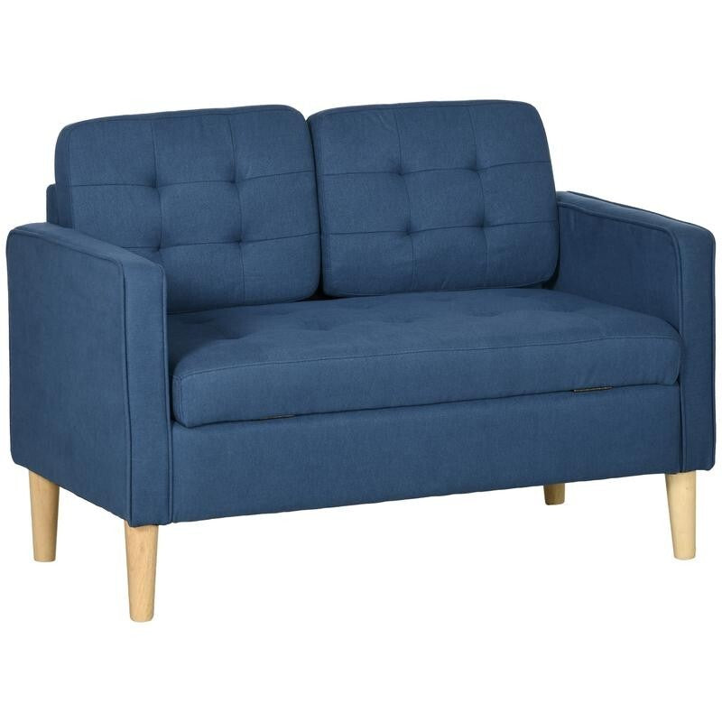 2 Seater Sofa Blue Storage Couch Tufted Fabric Compact Seat Wooden Legs