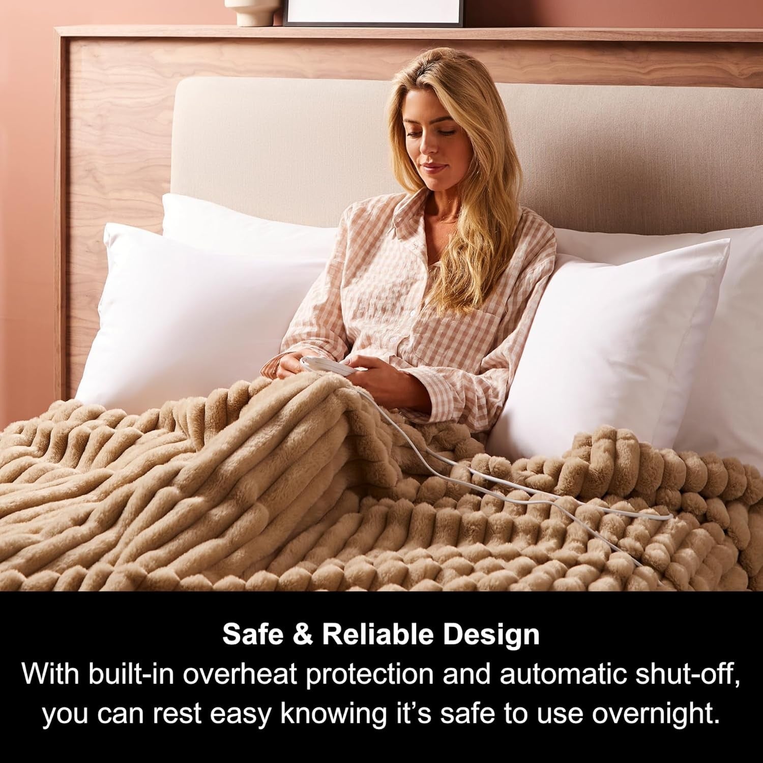 Electric Heated Throw Blanket 200x180cm Teddy Fleece 9 Heat Mocca Striped