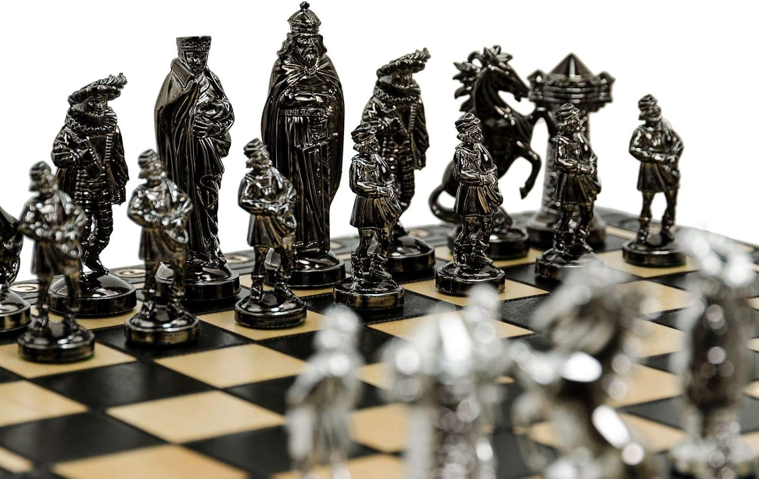 41cm Chrome Medieval Chess Set | Luxury Folding Board | Weighted Metal Pieces