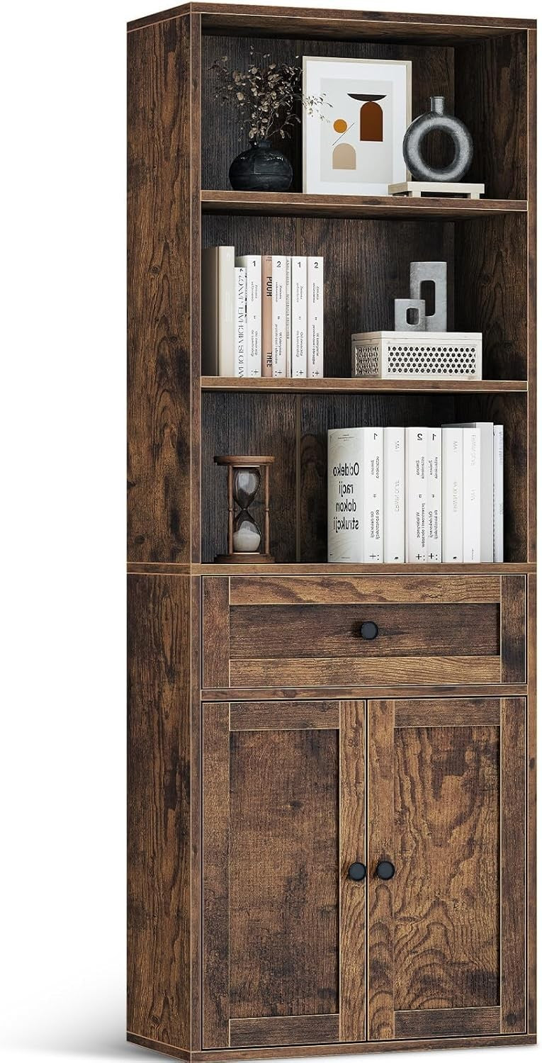 5 Tier Bookcase with Doors Drawers Display Storage Shelf Tall Cabinet Brown