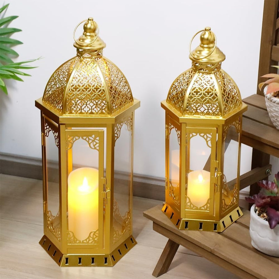 2 Pack Gold Vintage Metal Candle Lanterns Indoor Outdoor Decor