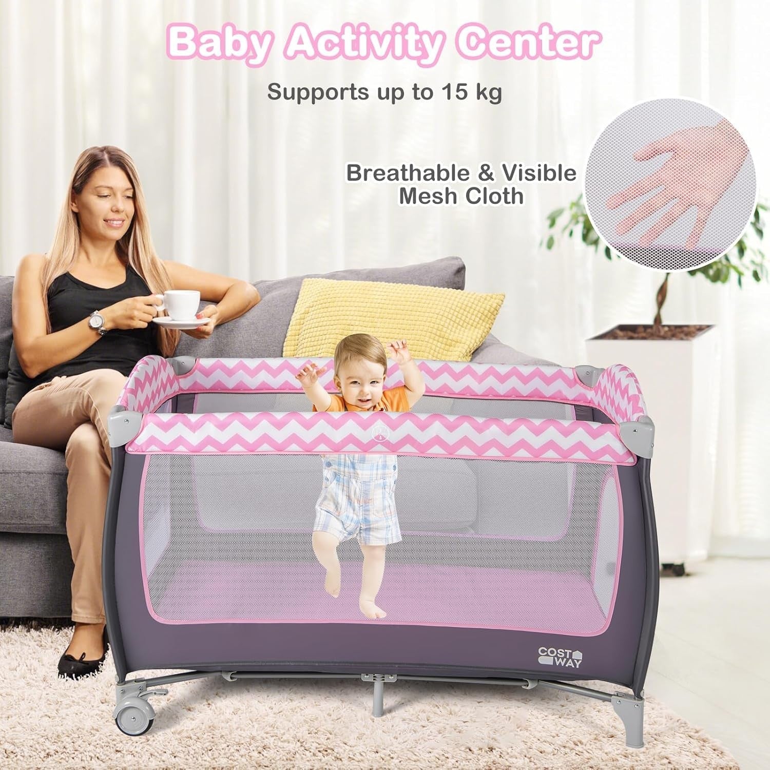 4in1 Travel Cot Baby Bedside Foldable Crib Bassinet Portable Playard Pink