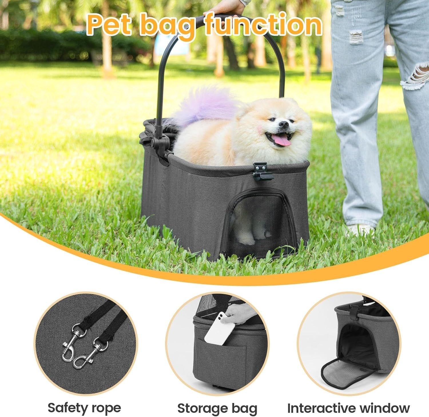 2 in 1 Dog Stroller Detachable Basket Folding Pet Pushchair Dark Grey