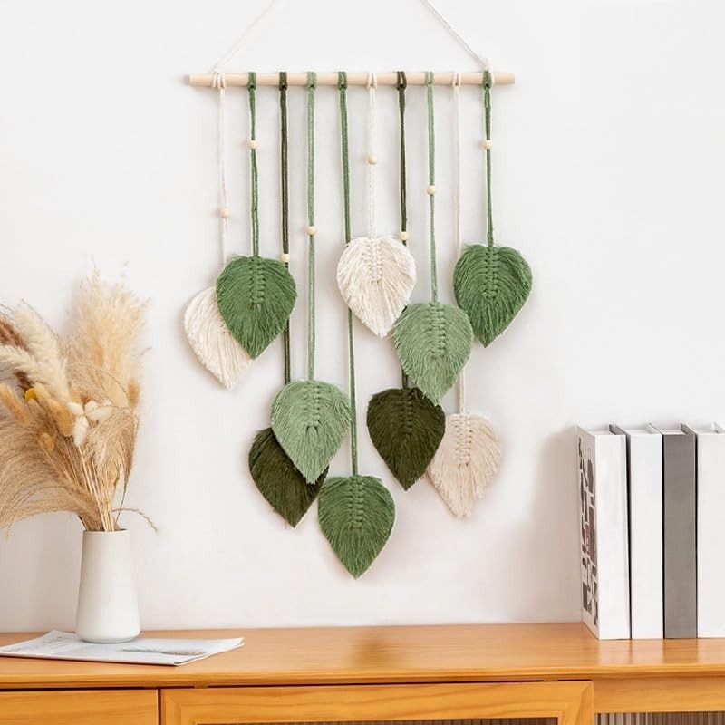 Boho Macrame Wall Hanging 24"x16" Leaf Tapestry Handmade Decor Green