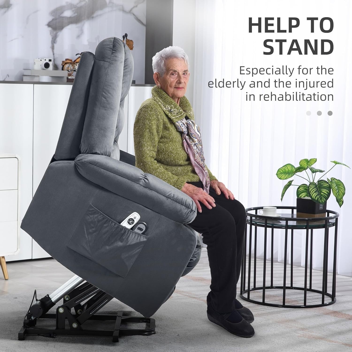 Velvet Lift Recliner Chair Massage Heat Riser Armchair for Elderly Grey