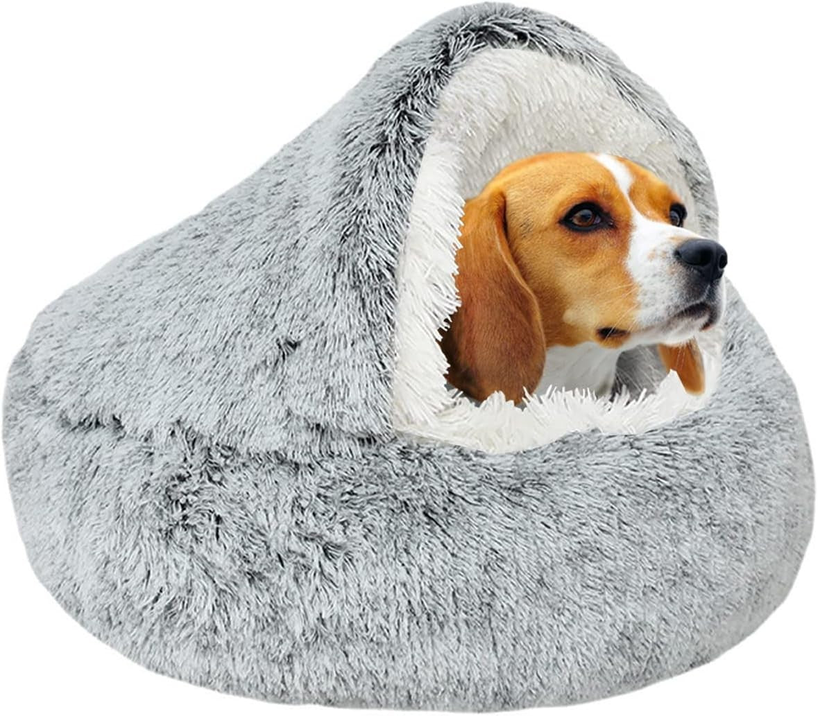 Calming Donut Cave Dog Bed 65cm Plush Washable Anti Anxiety