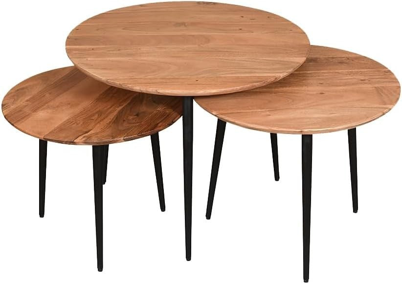3-Tier Nesting Coffee Table Set Acacia Wood Metal Frame Round Natural Finish