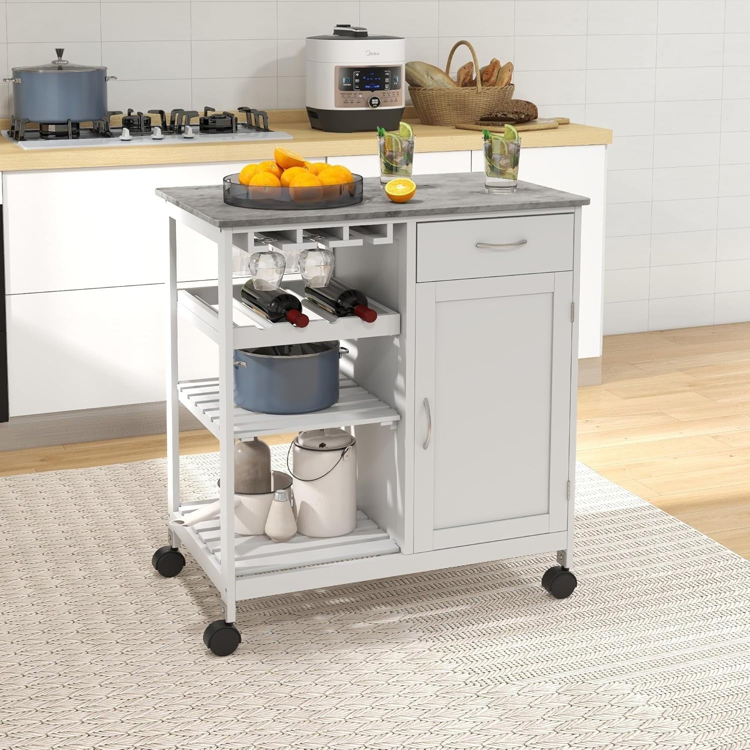 Compact Kitchen Trolley on Wheels w/ Wine Rack Cabinet