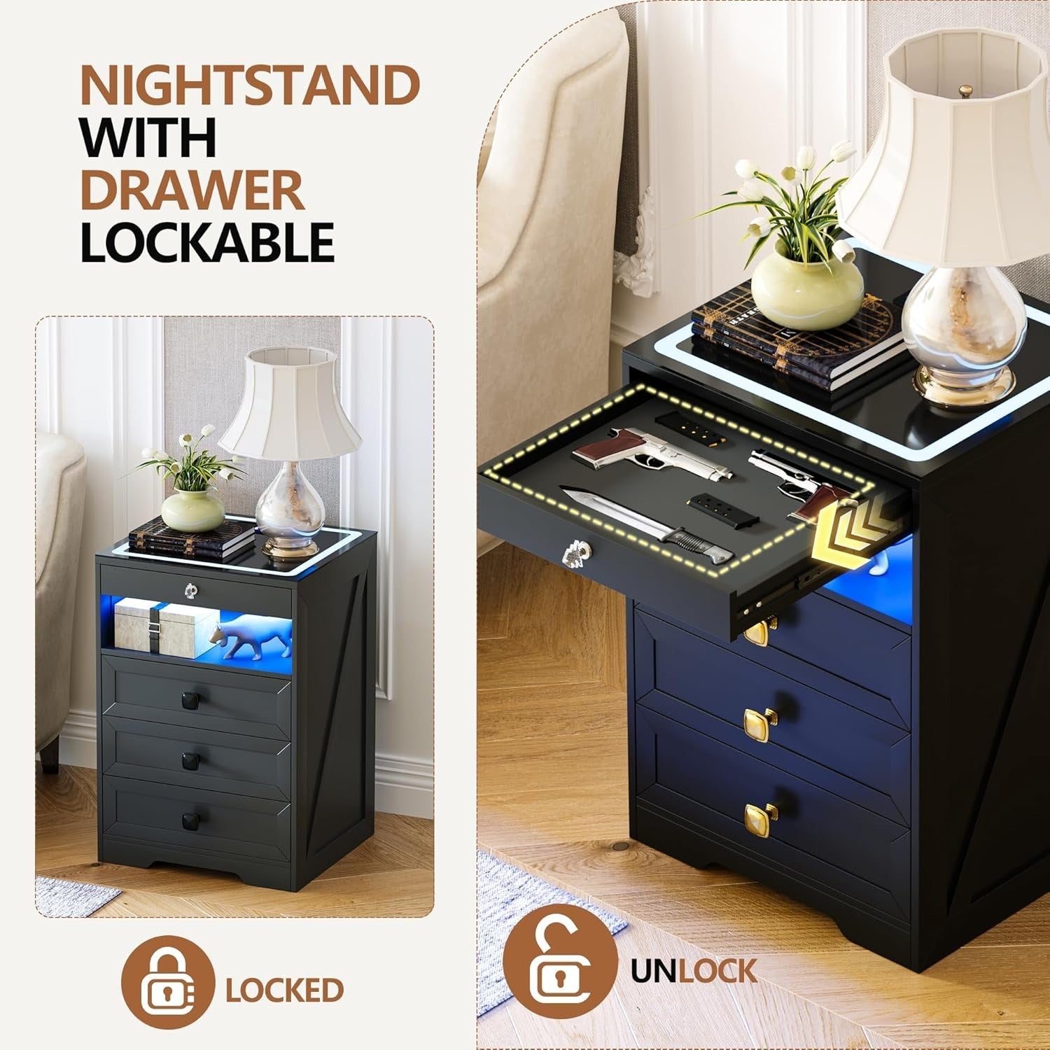 LED Bedside Table with Wireless Charging, 4 Drawers & Lock – Smart Nightstand