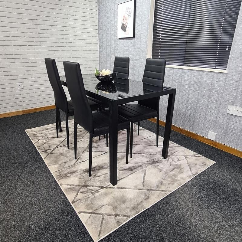 Black Glass Dining Table Set with 4 Leather Chairs Modern Kitchen 120cm