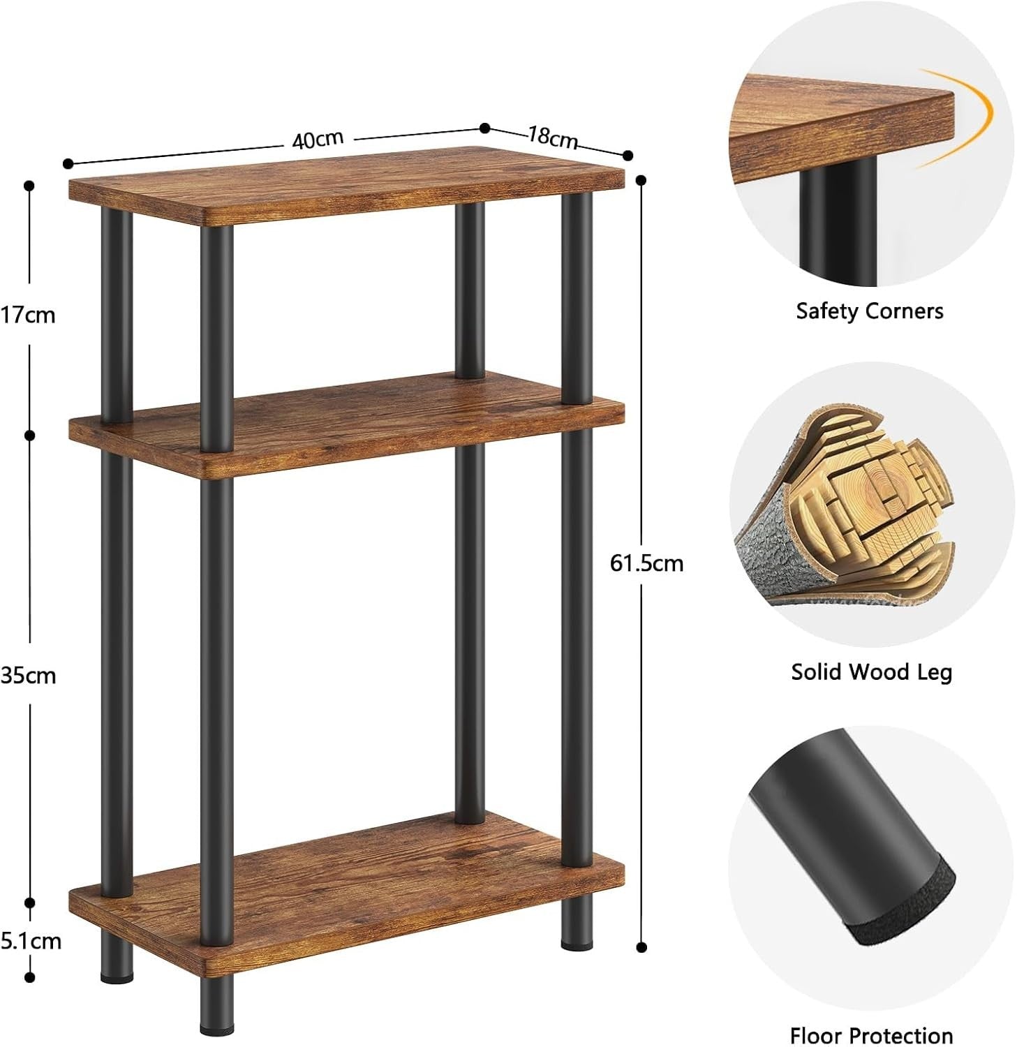 Slim 3-Tier Side Table, Space-Saving Narrow End Table for Bedroom & Living Room