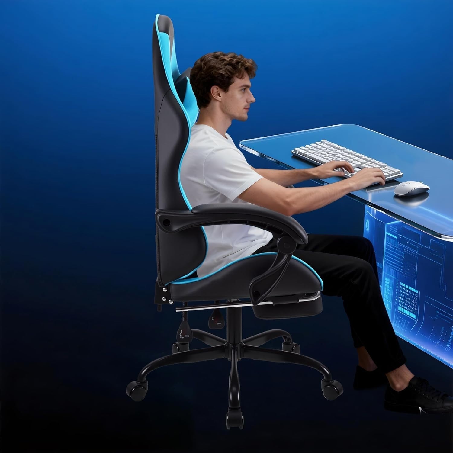 Ergonomic Gaming Chair Office Desk Chair Retractable Footrest Cyan PU Leather