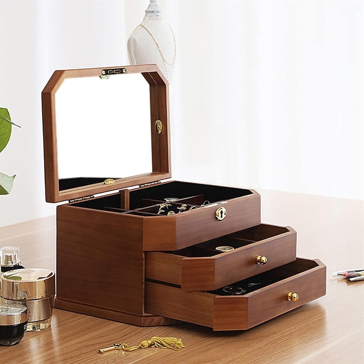 Extra Large Wooden Jewelry Box Combo Lock Velvet Organizer Cabinet
