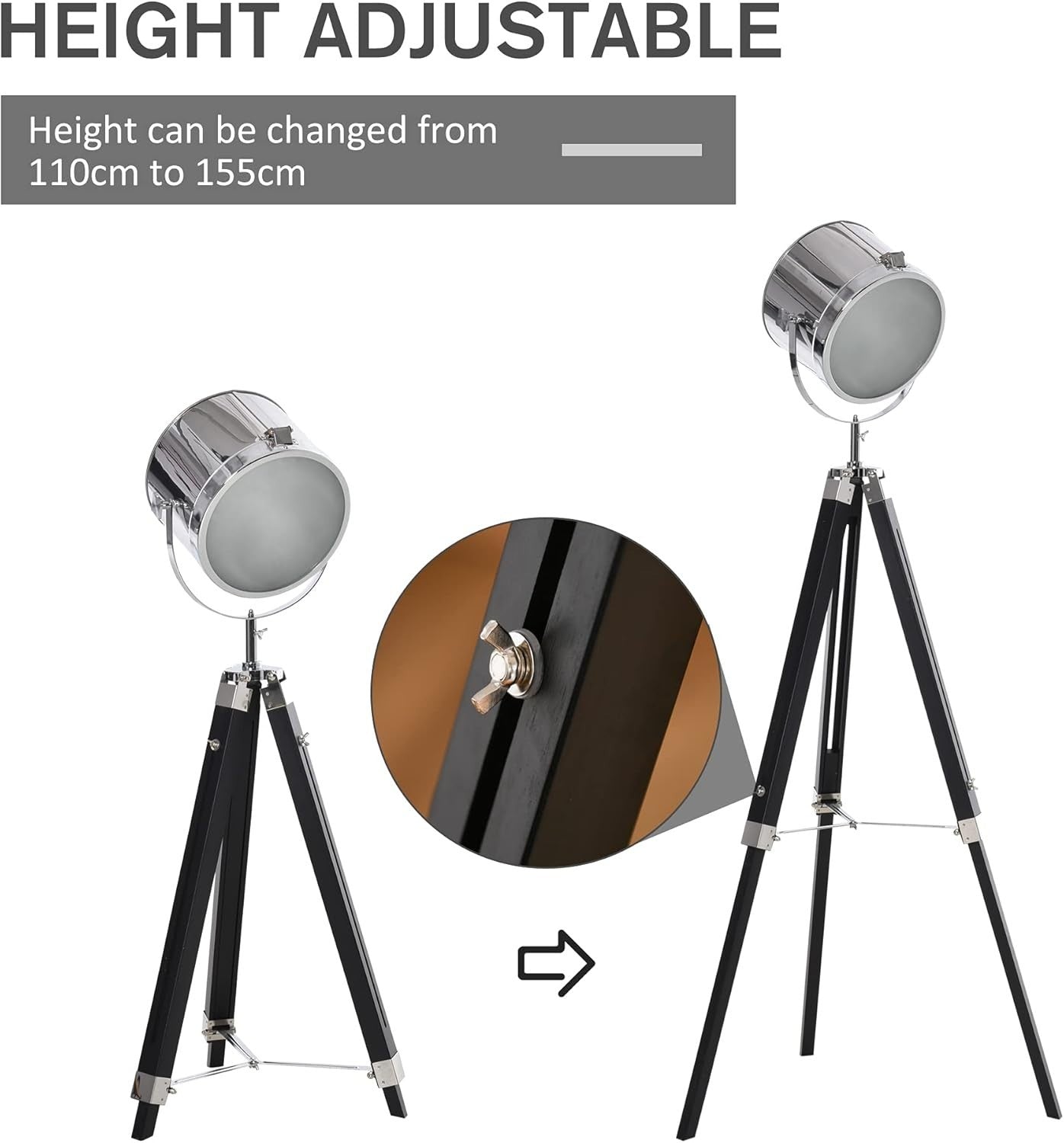 Adjustable Tripod Floor Lamp Industrial Style Searchlight with Wooden Legs