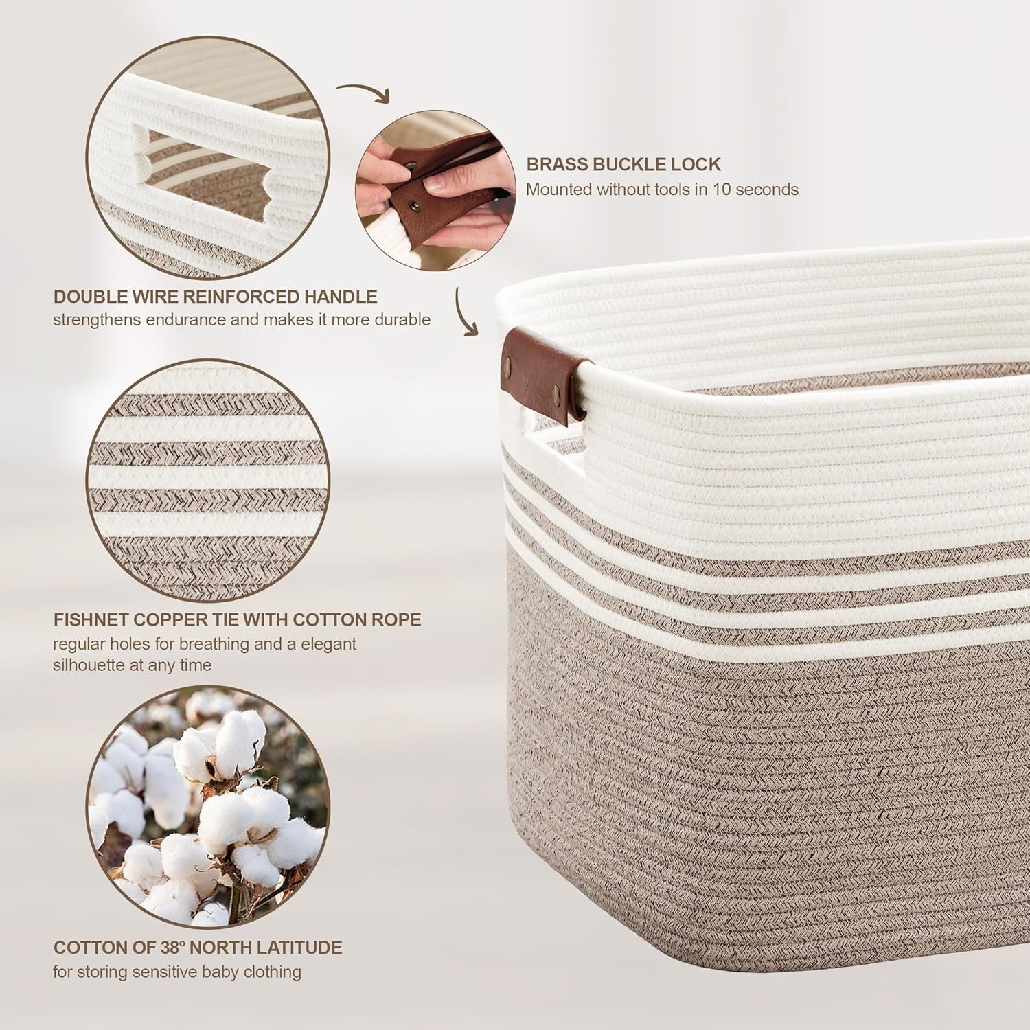 86L Large Woven Laundry Hamper with Leather Handles, Extra Storage Basket White