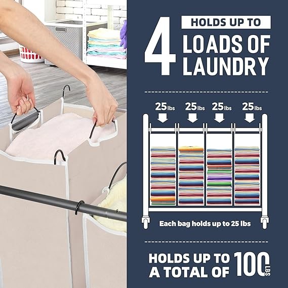 4-Bag Rolling Laundry Sorter Cart with Lockable Wheels & Removable Bags Beige