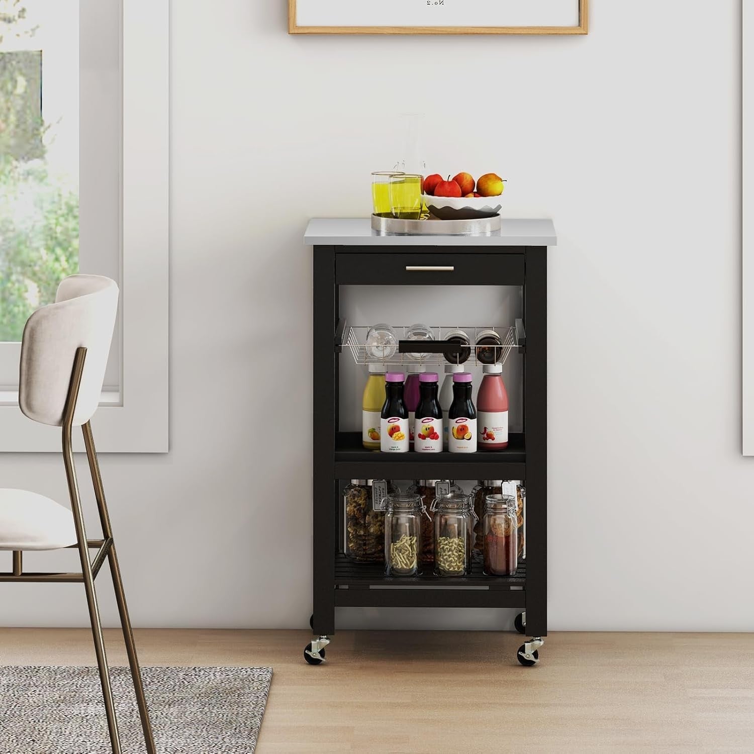 Kitchen Trolley on Wheels Storage Cart Stainless Steel Top Drawer Shelf