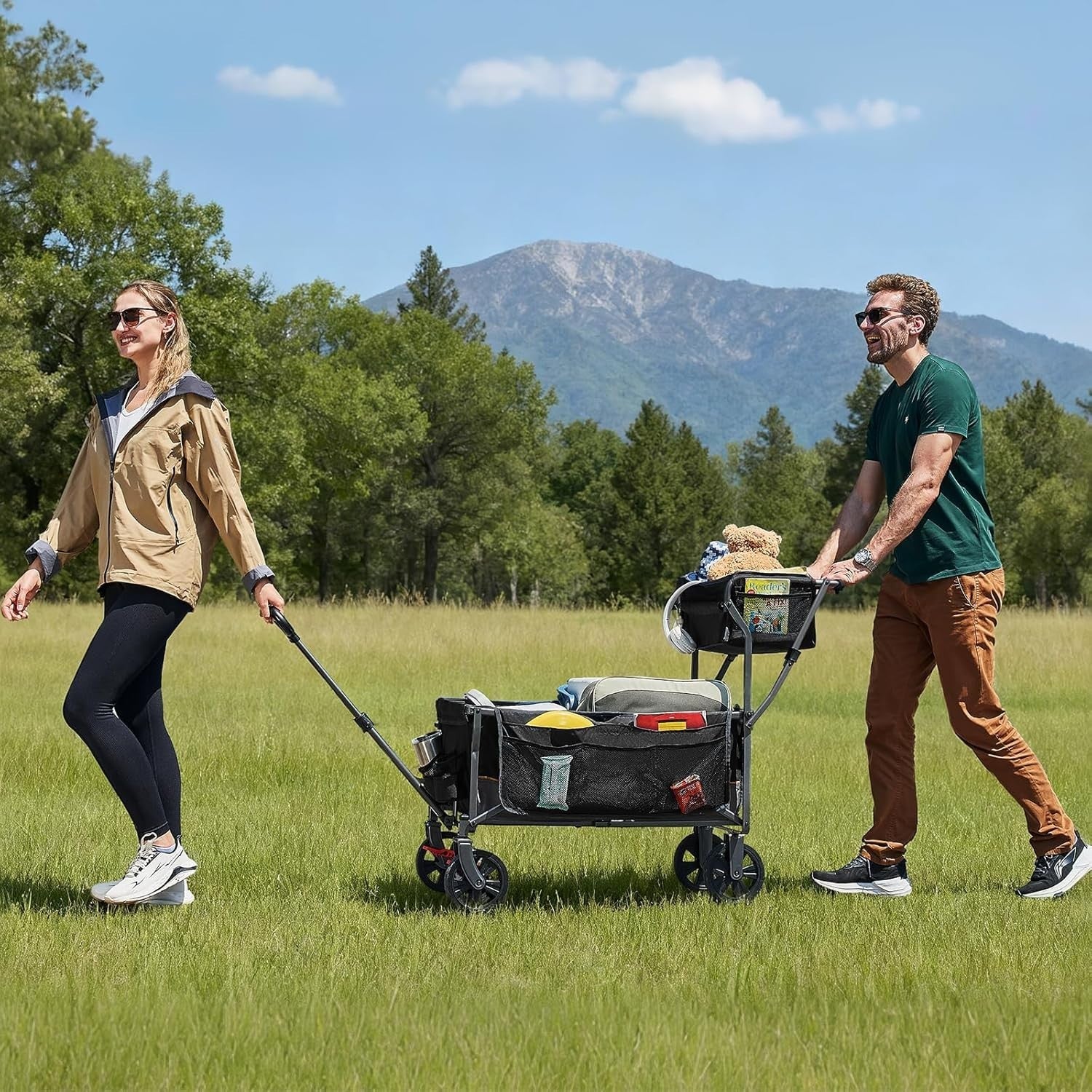 120kg Folding Camping Wagon Push Pull Trolley w/ Basket & Pockets Black