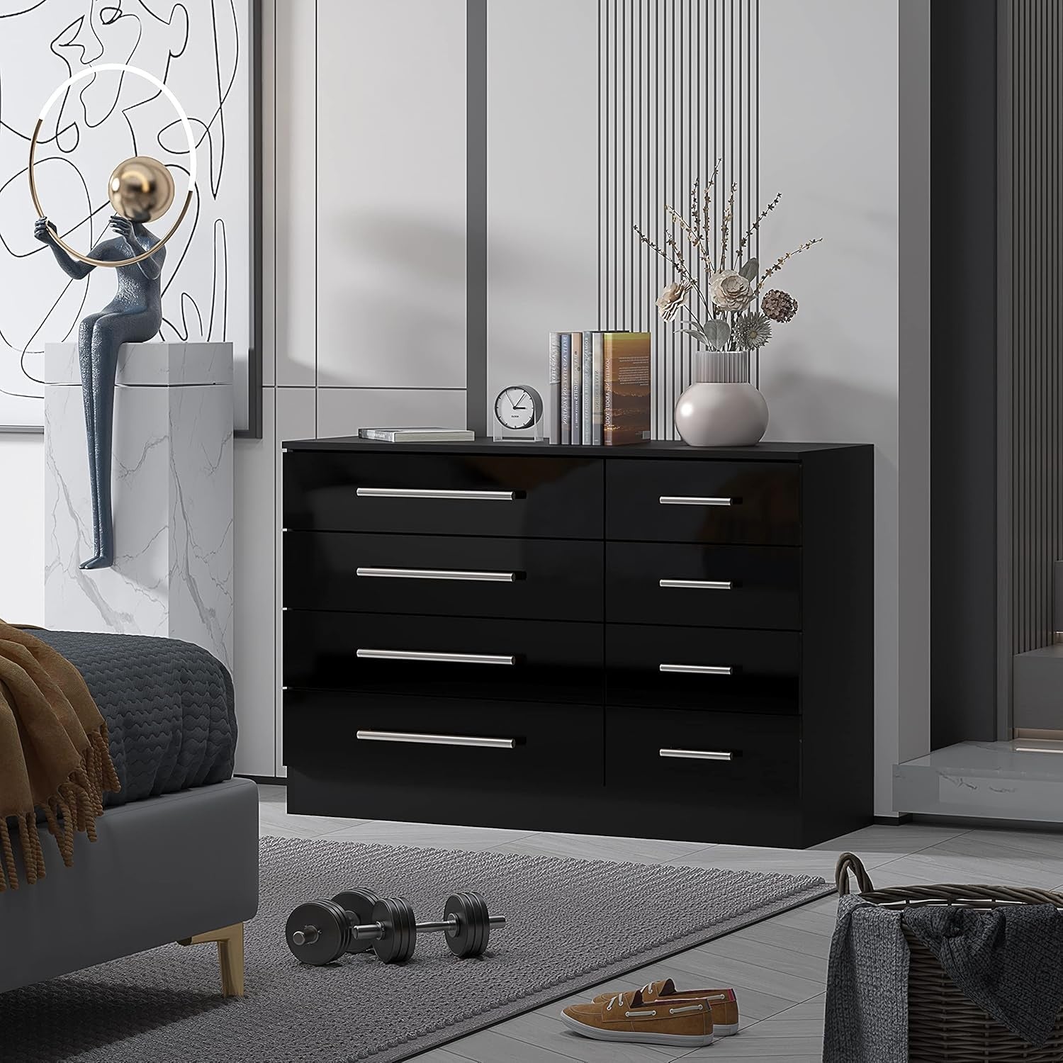 8 Drawer Black High Gloss Chest of Drawers Modern Bedroom Storage Cabinet