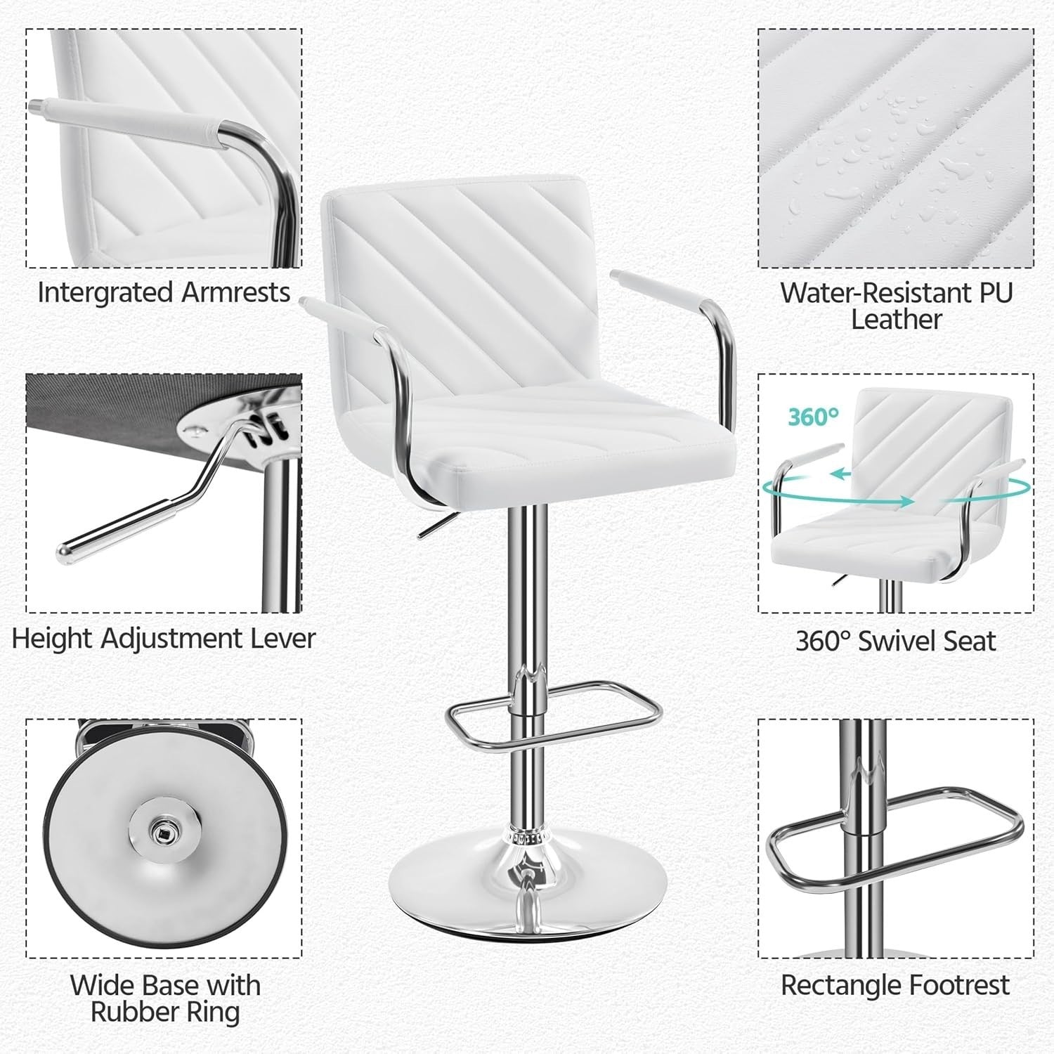 White Adjustable Swivel Bar Stools Set of 2 Faux Leather Armchairs