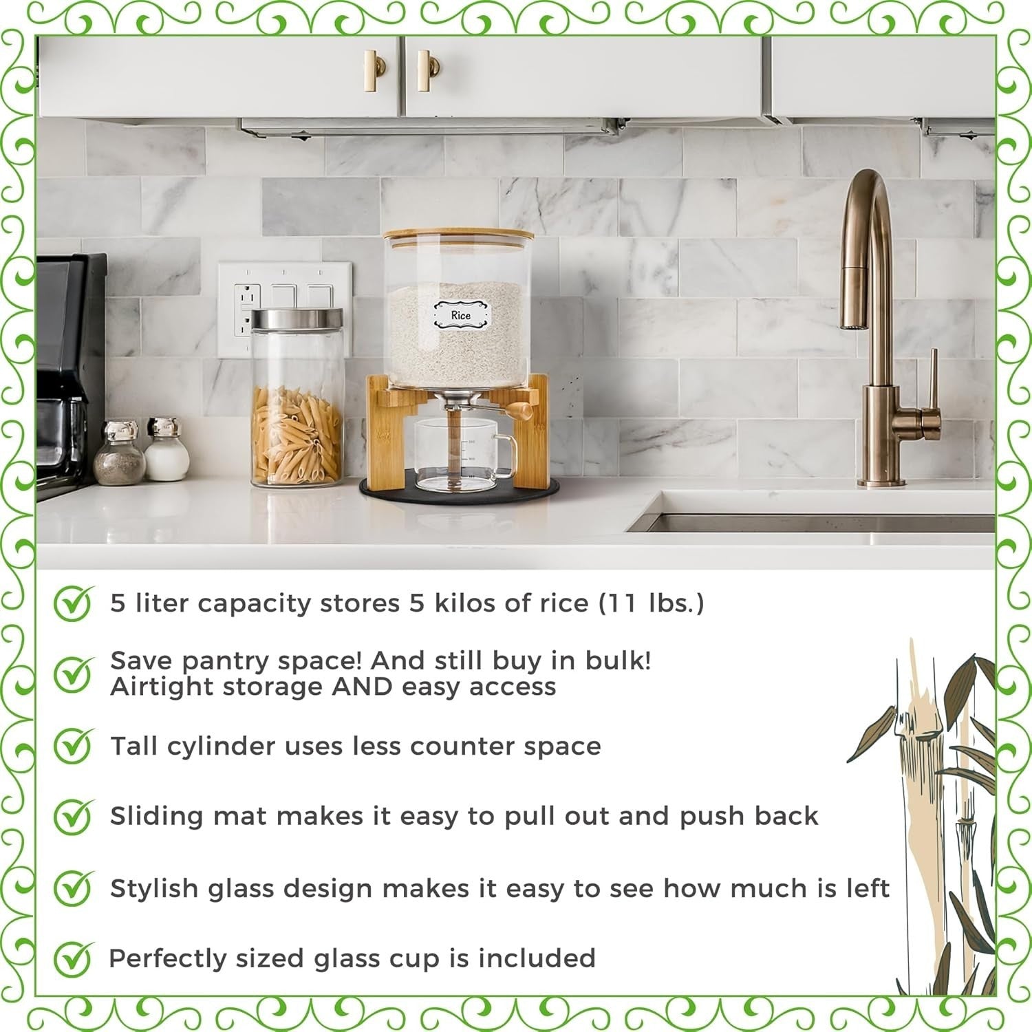 5L Glass Rice Dispenser Airtight Bamboo Lid w Cup