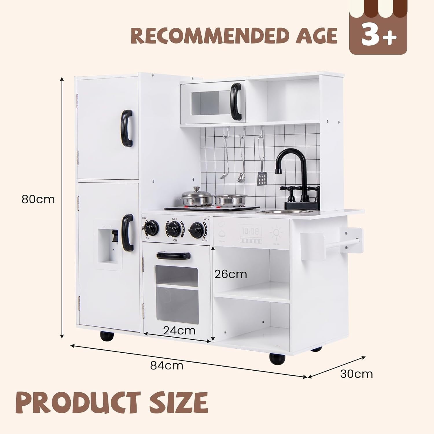 Kids Wooden Play Kitchen Lights Sounds Water Dispenser White Toy