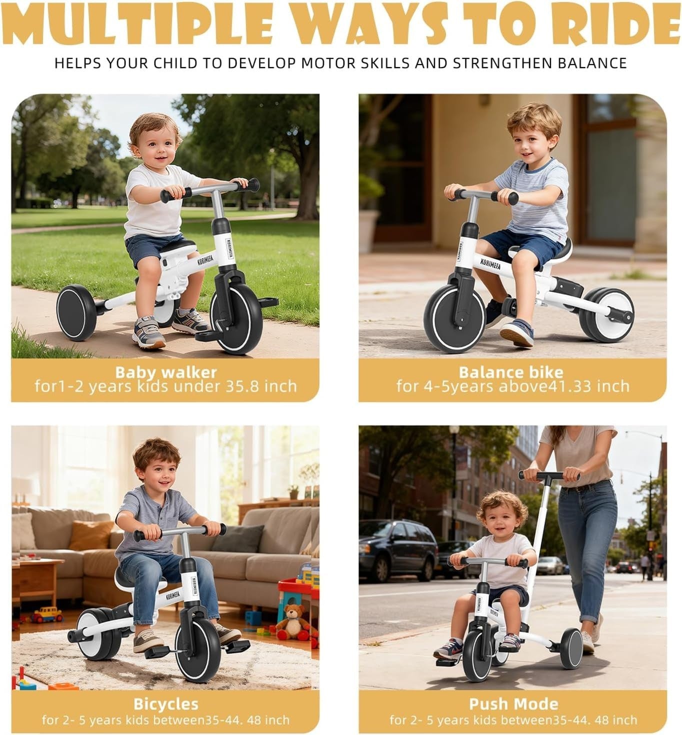 5 In 1 Toddler Tricycle Balance Bike Push Handle Adjustable Seat White