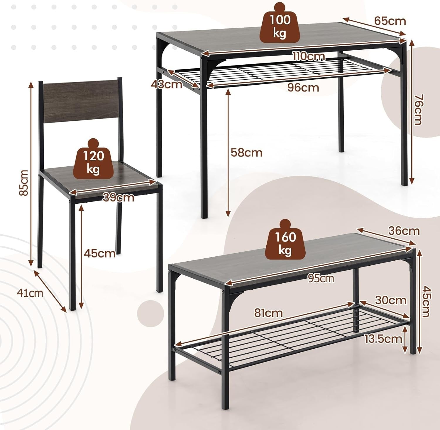 4 Seater Dining Table Bench Set w/ Storage Racks Grey Oak Metal Frame
