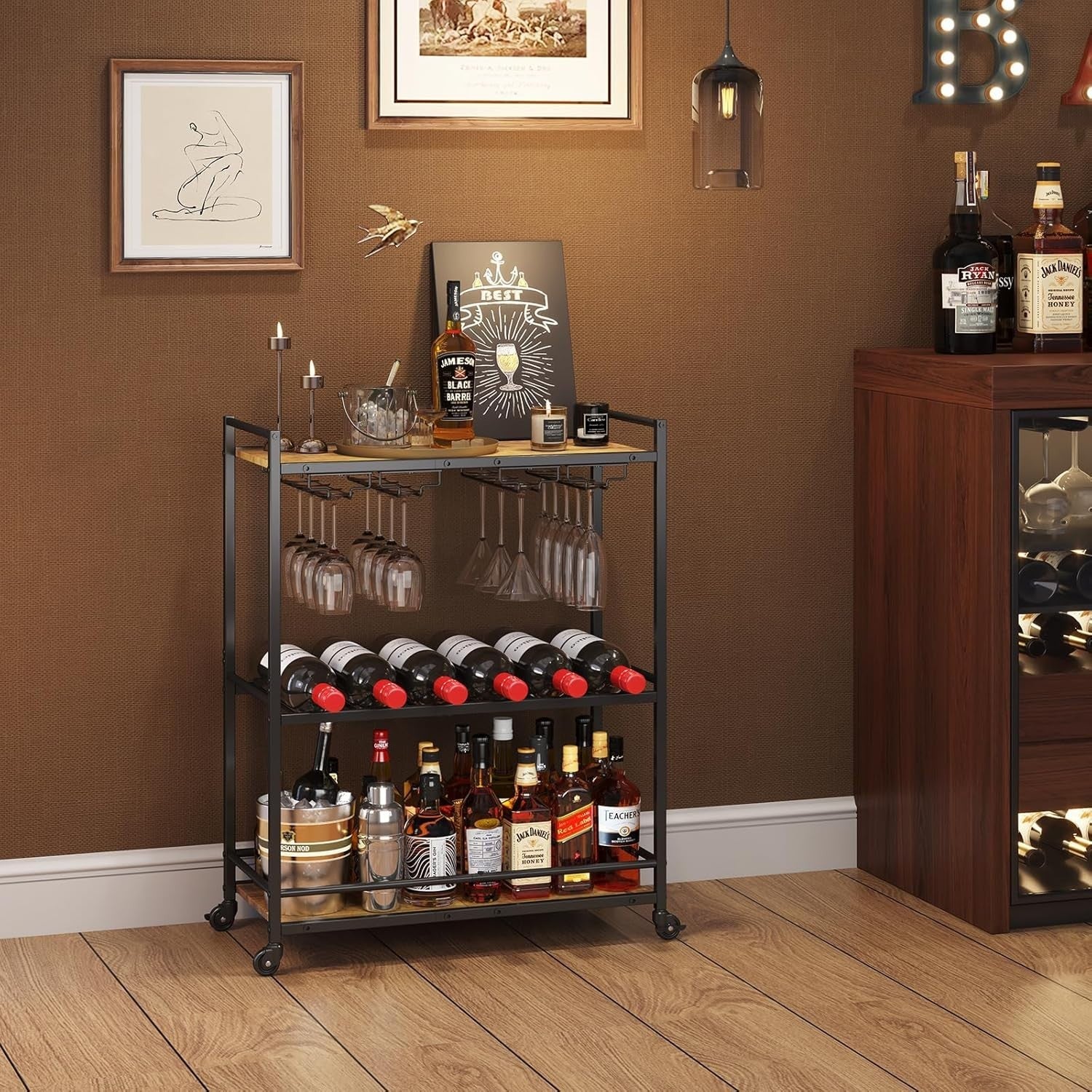 3 Tier Bar Cart with Wine Rack & Glass Holder, Lockable Wheels, Rustic Wood