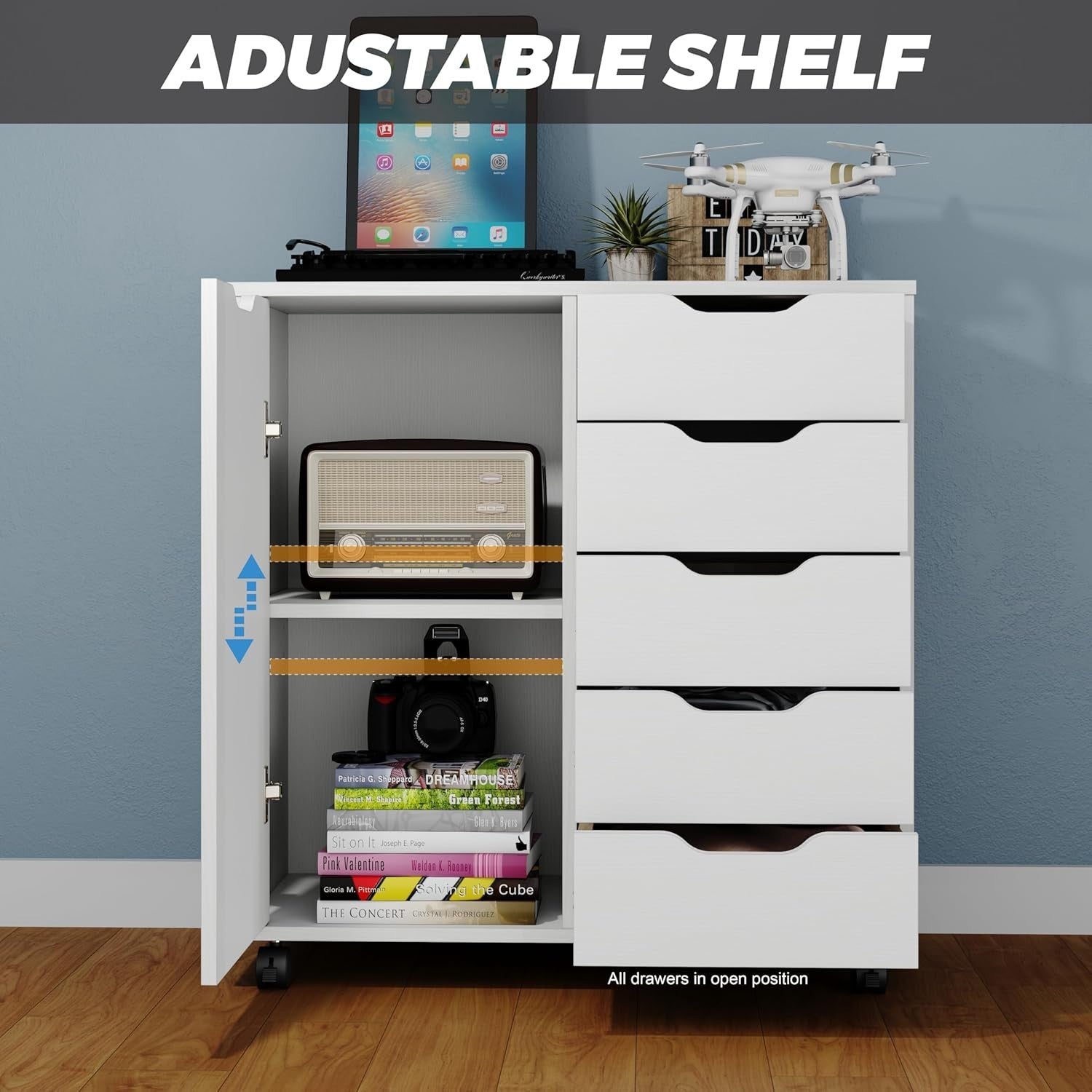 White Mobile File Cabinet 5 Drawer Side Cupboard Rolling Storage