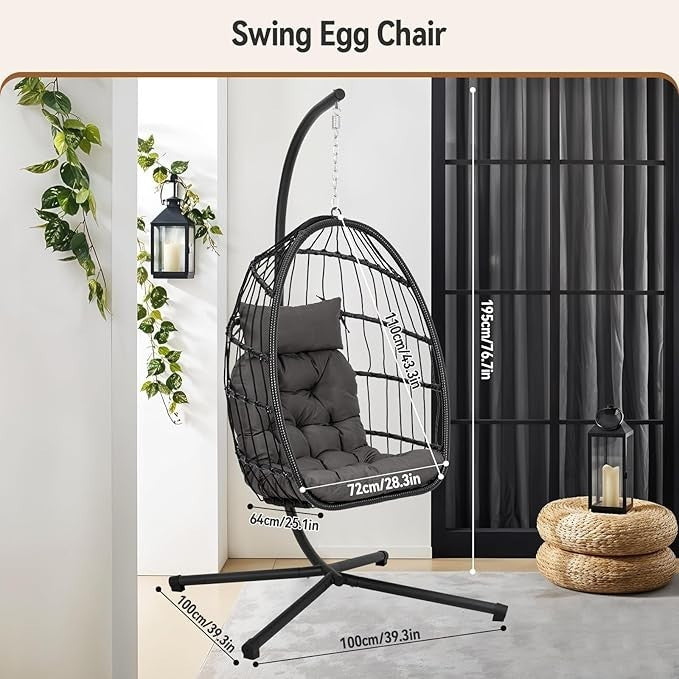 Hanging Egg Chair with Stand Indoor Outdoor Swing Seat Rattan Cushion 150KG
