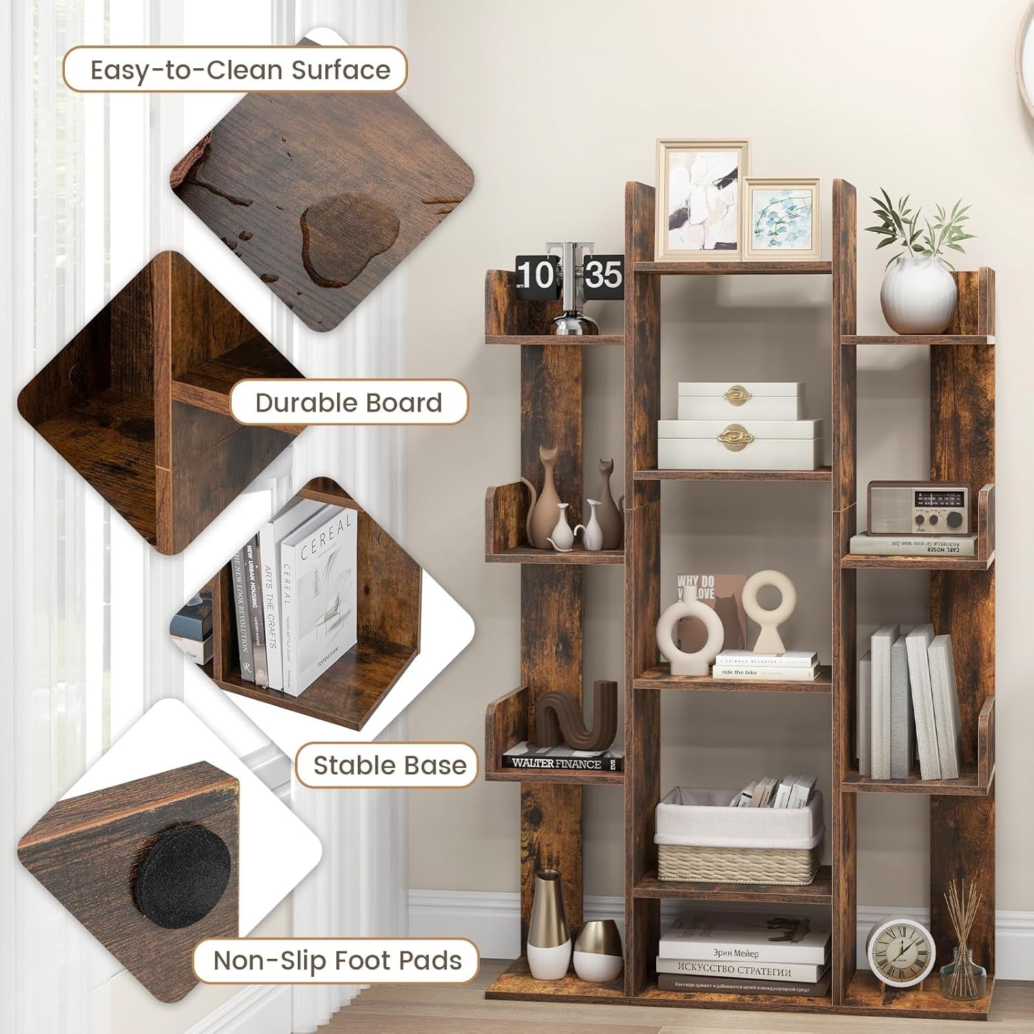 Tall Tree-Shaped Bookcase 13-Tier Wooden Shelf Unit Rustic Brown Storage Rack