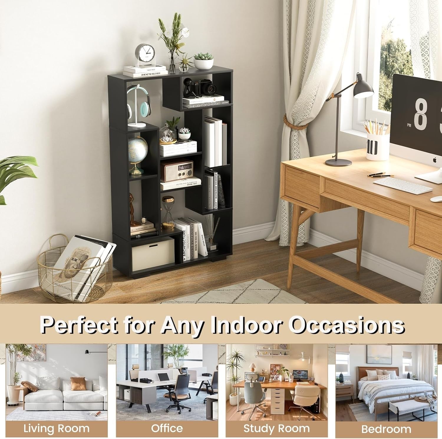 Geometric 11-Cube Bookcase Black | Modern Open Shelving Unit | Freestanding