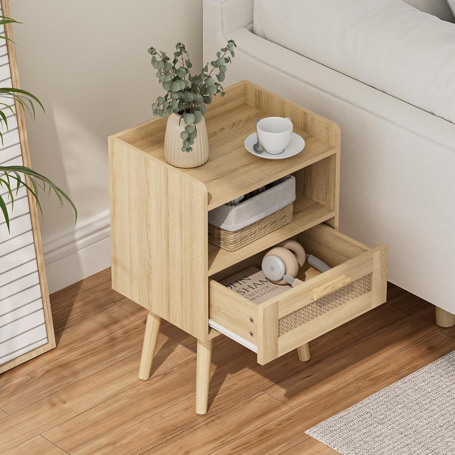 Rattan Bedside Table with Drawer & Shelf – Natural Wood Accent Nightstand