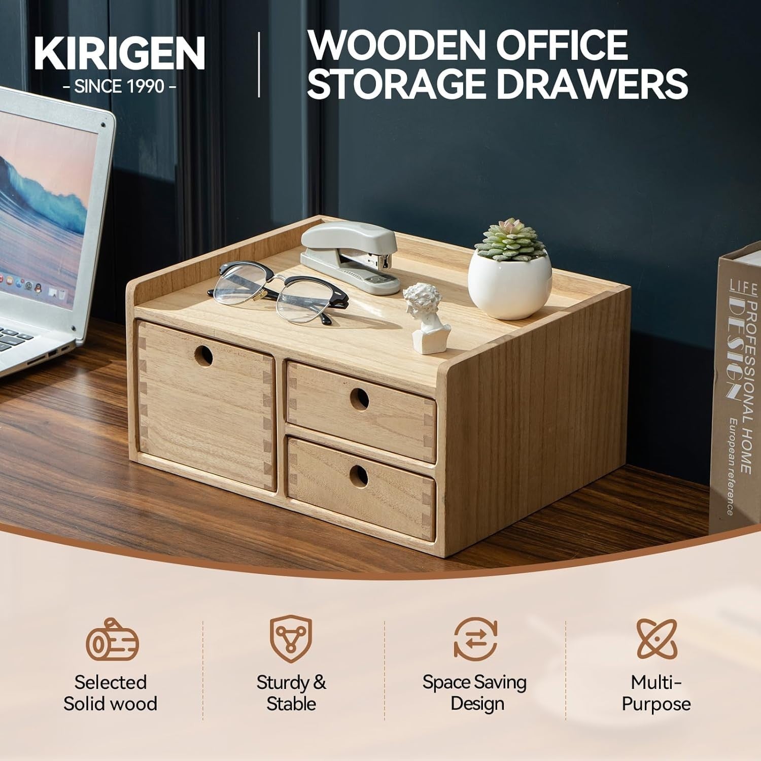 Wood Desktop Organizer with 3 Drawers & Shelf – Office, Home Storage Box