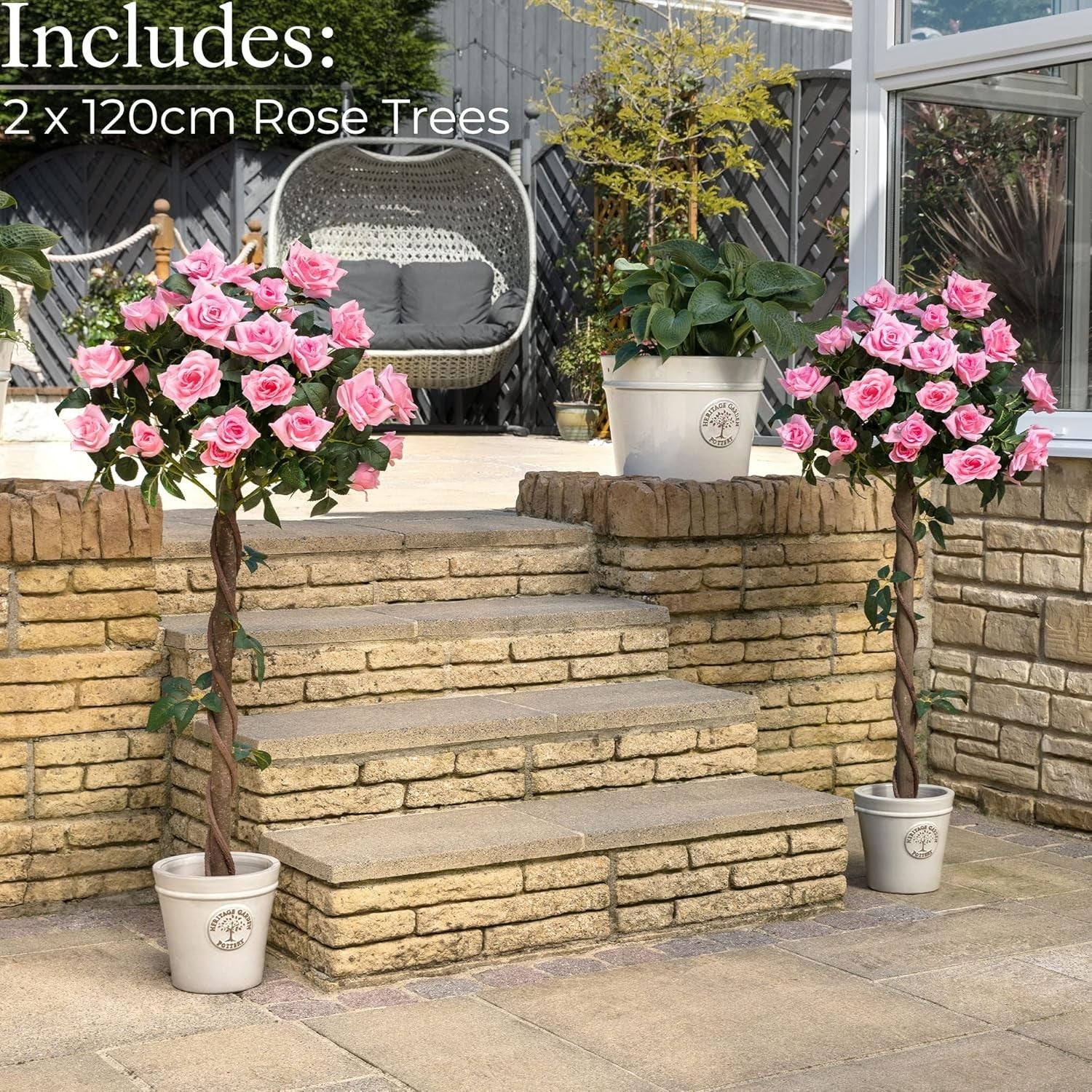 4ft Artificial Pink Rose Trees 2-Pack Twisted Trunk Potted Indoor Outdoor Decor