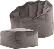 Grey Velvet Bean Bag Chair With Footstool Adult Seat Lounge Comfort Set